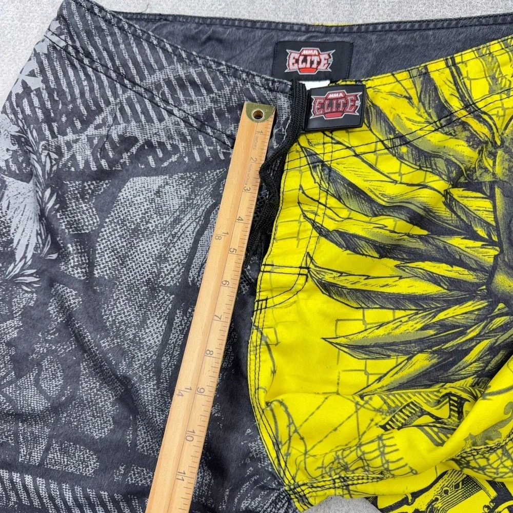 MMA Elite Board Shorts Men Large Yellow Gray Swim Trunks Skull Wings AOP Y2K